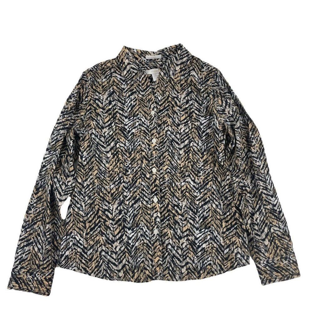 Chico's Black, White & Tan Patterned Button-Up Blouse
